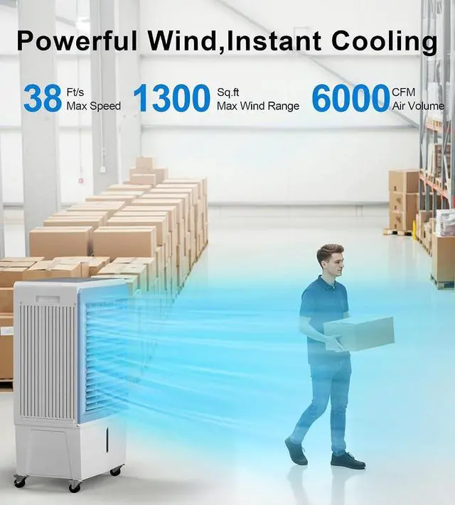 Alt view image 6 of 7 - 6000CFM Large Swamp Cooler with 13.5-Gal Water Tank,3-IN-1 Evaporative Air Cooler with Remote Control,4 Ice Packs,12H Timer, Evaporative Cooler for Indoor,Outdoor,Garage Use(47IN)