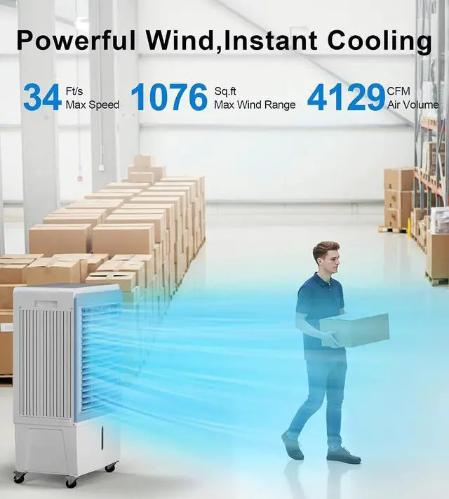 Alt view image 6 of 7 - 4129CFM Large Swamp Cooler with 11.7-Gal Water Tank,3-IN-1 Evaporative Air Cooler with Remote Control,4 Ice Packs,12H Timer, Evaporative Cooler for Indoor,Outdoor,Garage Use(43IN)