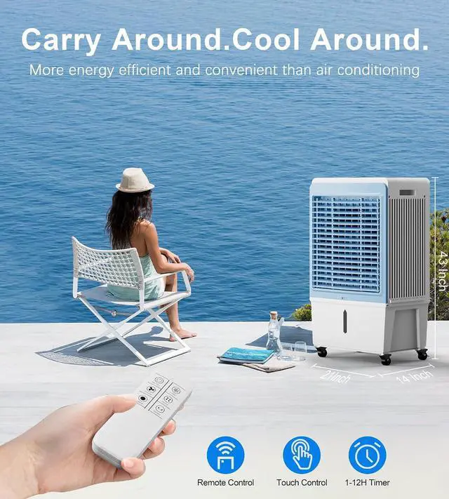 Alt view image 7 of 7 - 4129CFM Large Swamp Cooler with 11.7-Gal Water Tank,3-IN-1 Evaporative Air Cooler with Remote Control,4 Ice Packs,12H Timer, Evaporative Cooler for Indoor,Outdoor,Garage Use(43IN)