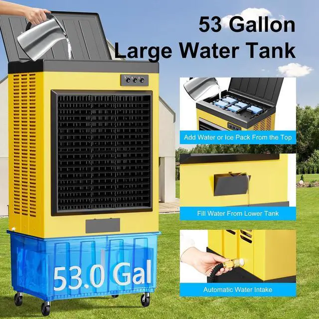 Alt view image 5 of 7 - 14715CFM Swamp Coolers,Portable Evaporative Air Cooler for 2800 Sq.ft of Space,with Continuous Auto Fill,53-Gal Water Tank,120°Oscillation,6 Ice Packs,Cooling Fan for Outdoor,Indoor Use(70IN)
