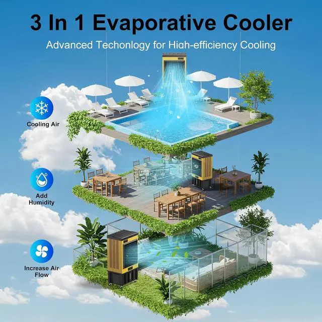 Alt view image 4 of 7 - 14715CFM Swamp Coolers,Portable Evaporative Air Cooler for 2800 Sq.ft of Space,with Continuous Auto Fill,53-Gal Water Tank,120°Oscillation,6 Ice Packs,Cooling Fan for Outdoor,Indoor Use(70IN)