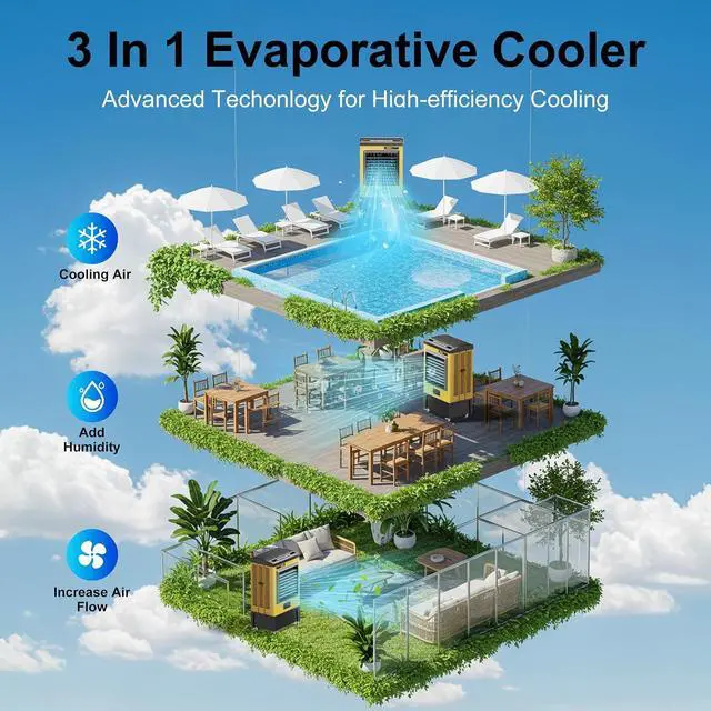 Alt view image 4 of 7 - 6500CFM Swamp Coolers,Portable Evaporative Air Cooler for 1600 Sq.ft of Space,with Continuous Auto Fill,19-Gal Water Tank,120°Oscillation,5 Ice Packs,Cooling Fan for Outdoor,Indoor Use(47IN)