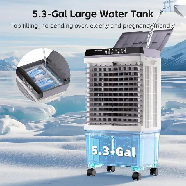 Alt view image 3 of 7 - 1800CFM Swamp Cooler,Evaporative Air Cooler with 5.3 Gal Water Tank,6 Ice Packs,Evaporative Cooler with 12H Timer,120°Oscillation, Windowless Portable Air Conditioners for Indoor,Outdoor