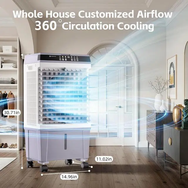 Alt view image 6 of 7 - 1800CFM Swamp Cooler,Evaporative Air Cooler with 5.3 Gal Water Tank,6 Ice Packs,Evaporative Cooler with 12H Timer,120°Oscillation, Windowless Portable Air Conditioners for Indoor,Outdoor
