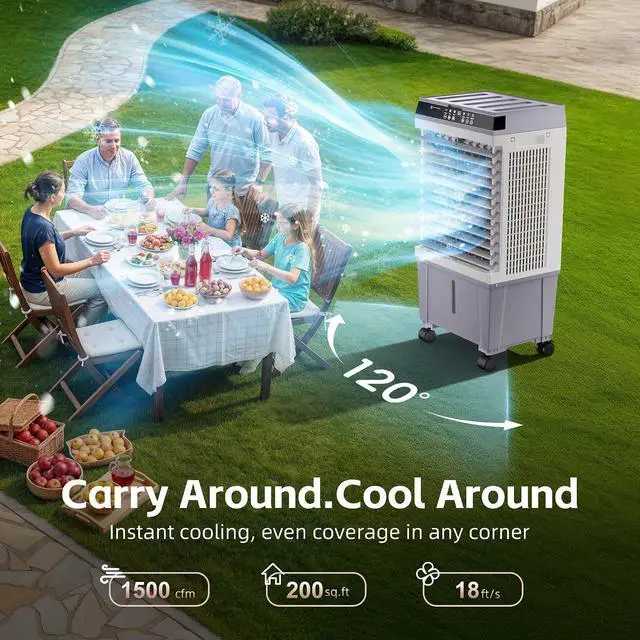 Alt view image 2 of 7 - 1500CFM Swamp Cooler,Evaporative Air Cooler with 4.7 Gal Water Tank,6 Ice Packs,Evaporative Cooler with 12H Timer,120°Oscillation, Windowless Portable Air Conditioners for Indoor,Outdoor