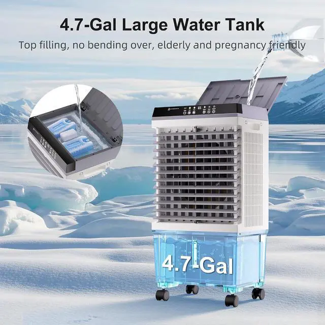 Alt view image 3 of 7 - 1500CFM Swamp Cooler,Evaporative Air Cooler with 4.7 Gal Water Tank,6 Ice Packs,Evaporative Cooler with 12H Timer,120°Oscillation, Windowless Portable Air Conditioners for Indoor,Outdoor