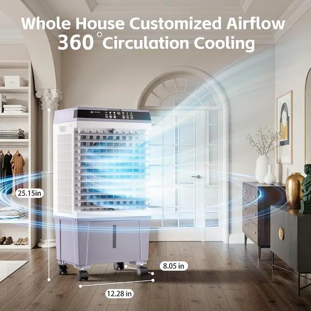 Alt view image 6 of 7 - 1500CFM Swamp Cooler,Evaporative Air Cooler with 4.7 Gal Water Tank,6 Ice Packs,Evaporative Cooler with 12H Timer,120°Oscillation, Windowless Portable Air Conditioners for Indoor,Outdoor