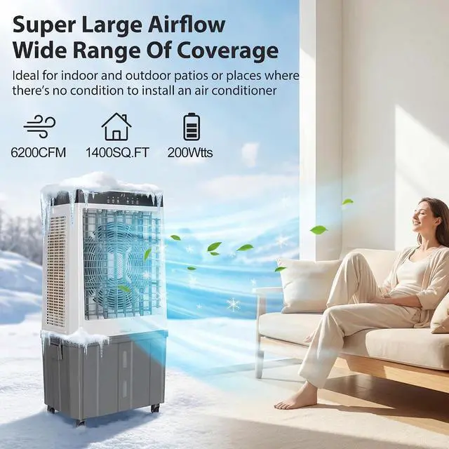 Alt view image 2 of 7 - 48" Large Swamp Cooler,6288 CFM Evaporative Air Cooler,21.5 Gal Water Tank Portable Air Cooler,120°Oscillation with Remote Control,12H Timer,3 Modes & Wind Speeds for Outdoor Indoor Use,Black
