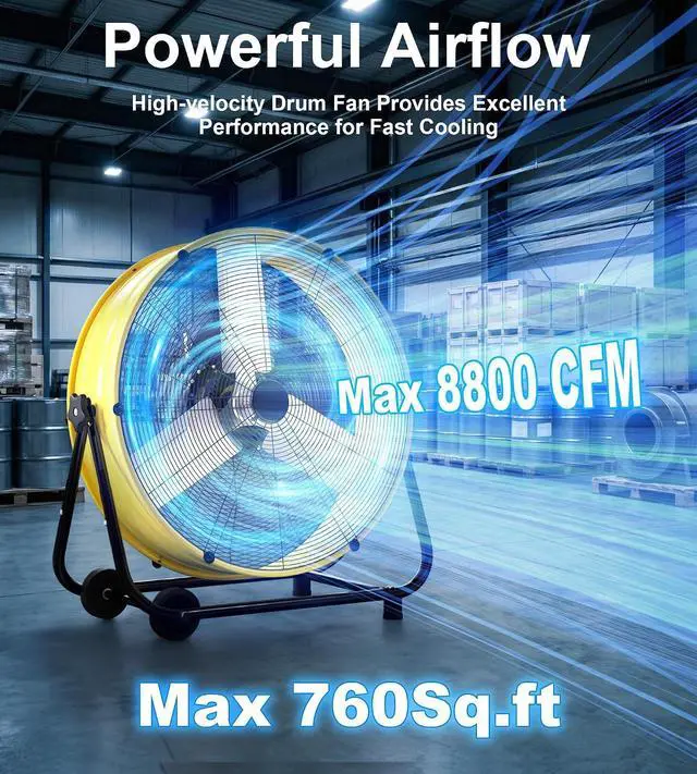 Alt view image 2 of 7 - 24IN Industrial Floor Drum Fan,8800CFM High Velocity Heavy Duty Shop Fan with 360° Tilt,Handle,320W High Velocity Drum Fan for Garage,Basement,Warehouse,Patio,Factory,Workshop,Commercial Use