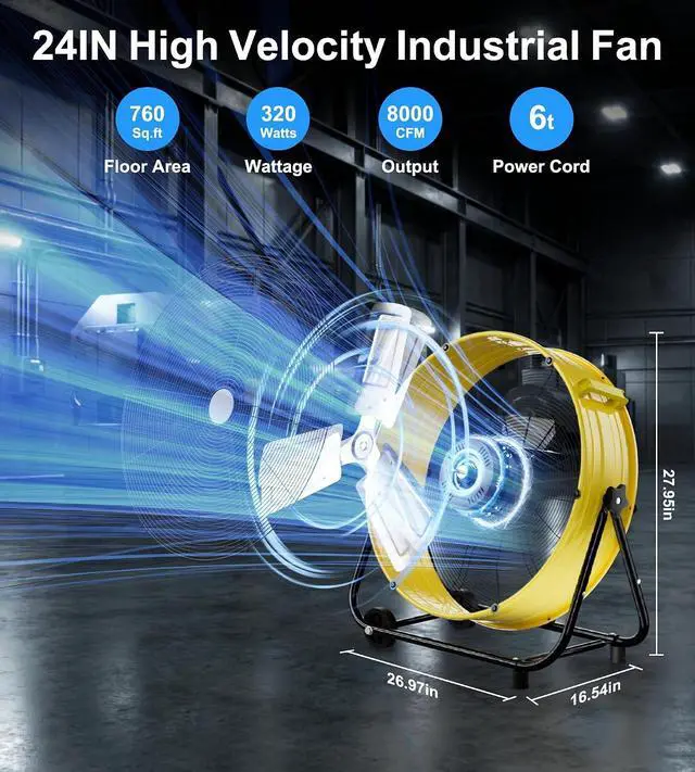 Alt view image 4 of 7 - 24IN Industrial Floor Drum Fan,8800CFM High Velocity Heavy Duty Shop Fan with 360° Tilt,Handle,320W High Velocity Drum Fan for Garage,Basement,Warehouse,Patio,Factory,Workshop,Commercial Use
