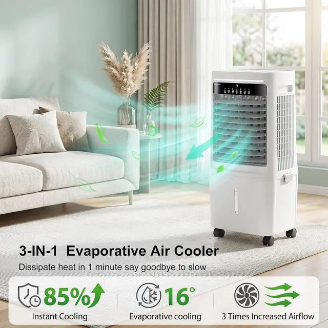 Alt view image 2 of 7 - Swamp Cooler Air Conditioner,3000CFM Portable Evaporative Air Cooler,Cooling Fan for Room Garage Patio,7 Gal Water Tank,3 Speeds,4 Ice Boxes,12H Timer,Remote,White