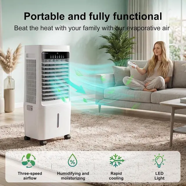 Alt view image 3 of 7 - Swamp Cooler Air Conditioner,3000CFM Portable Evaporative Air Cooler,Cooling Fan for Room Garage Patio,7 Gal Water Tank,3 Speeds,4 Ice Boxes,12H Timer,Remote,White