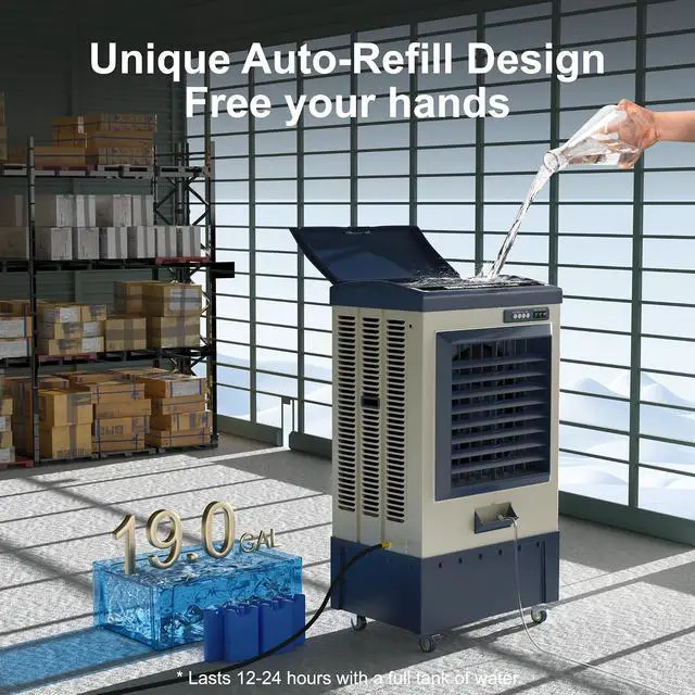 Alt view image 4 of 7 - 6500 CFM Swamp Cooler, 48" Evaporative Air Cooler with 19-Gal Auto-Fill Tank & 5 Ice Packs, 3 Speeds, 120° Oscillation, Heavy Duty Portable Cooling Fan for Patio, Garage, Indoor, Outdoor,Blue