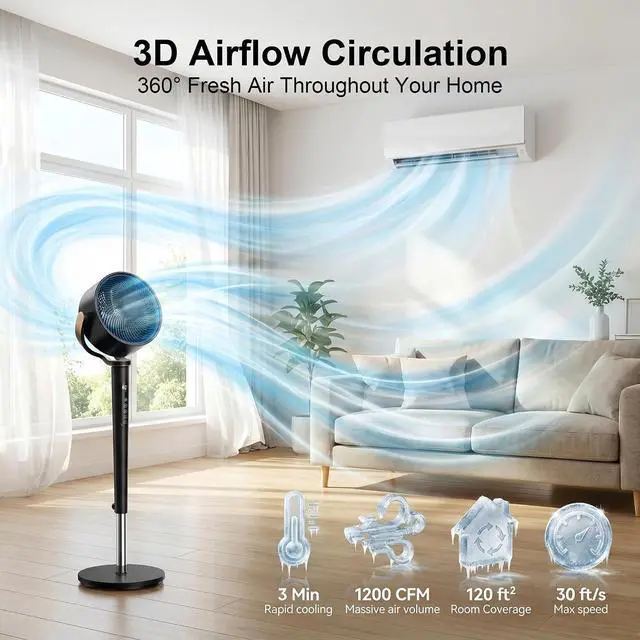 Alt view image 3 of 7 - Pedestal Fan for Bedroom,120°+120°Omnidirectional Oscillating Standing Fan,38-46" Adjustable Height,Quiet Floor Fan with DC Motor,16 Speeds,4 Modes Circulator with Remote,12H Timer,Black