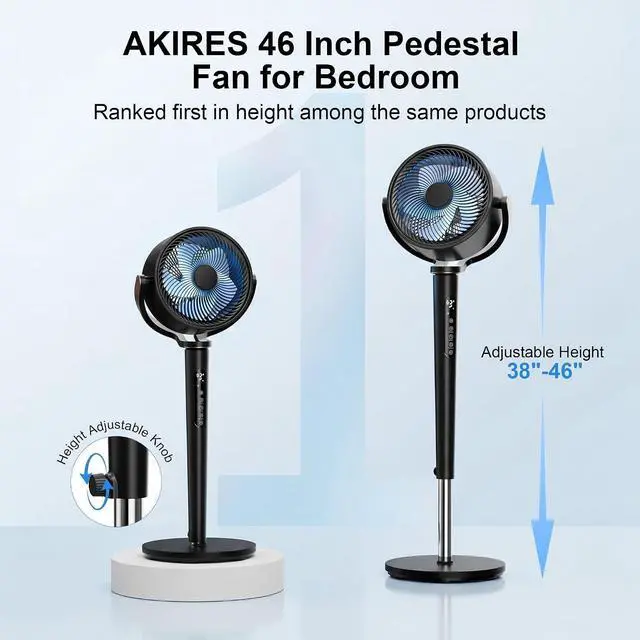 Alt view image 2 of 7 - Pedestal Fan for Bedroom,120°+120°Omnidirectional Oscillating Standing Fan,38-46" Adjustable Height,Quiet Floor Fan with DC Motor,16 Speeds,4 Modes Circulator with Remote,12H Timer,Black