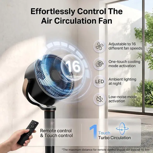 Alt view image 4 of 7 - Pedestal Fan for Bedroom,120°+120°Omnidirectional Oscillating Standing Fan,38-46" Adjustable Height,Quiet Floor Fan with DC Motor,16 Speeds,4 Modes Circulator with Remote,12H Timer,Black