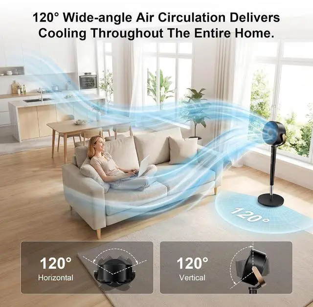 Alt view image 6 of 7 - Pedestal Fan for Bedroom,120°+120°Omnidirectional Oscillating Standing Fan,38-46" Adjustable Height,Quiet Floor Fan with DC Motor,16 Speeds,4 Modes Circulator with Remote,12H Timer,Black
