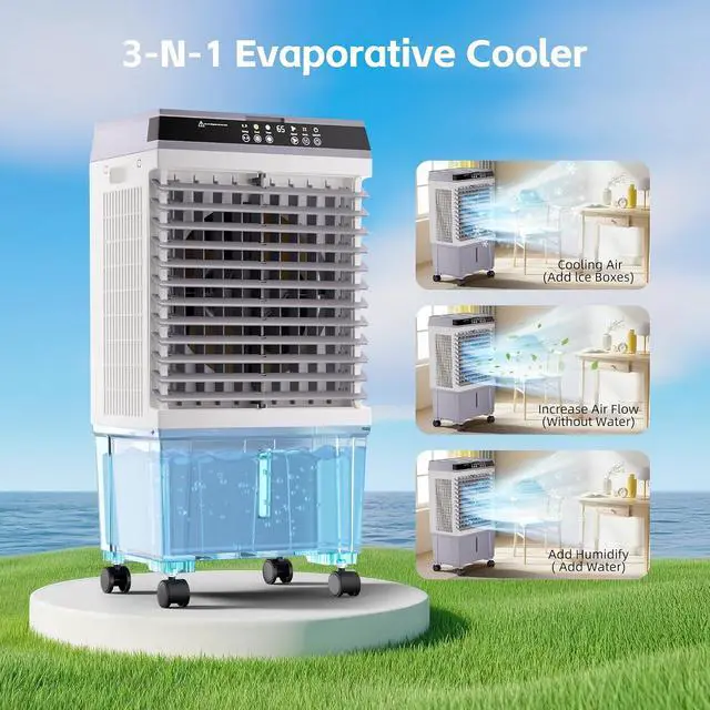 Alt view image 4 of 7 - 1800CFM Swamp Cooler,Evaporative Air Cooler with 5.3 Gal Water Tank,6 Ice Packs,Evaporative Cooler with 12H Timer,120°Oscillation, Windowless Portable Air Conditioners for Indoor,Outdoor