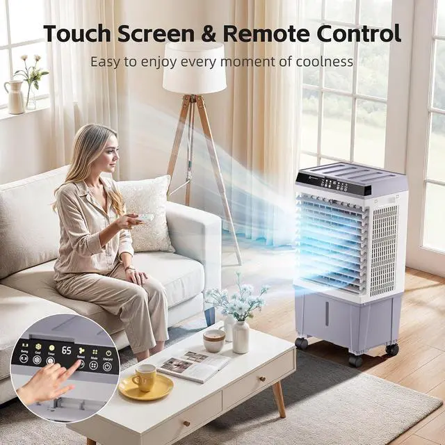 Alt view image 5 of 7 - 1500CFM Swamp Cooler,Evaporative Air Cooler with 4.7 Gal Water Tank,6 Ice Packs,Evaporative Cooler with 12H Timer,120°Oscillation, Windowless Portable Air Conditioners for Indoor,Outdoor