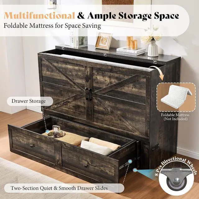 Alt view image 3 of 7 - Full Murphy Bed Cabinet with Charging Station and Storage, Farmhouse Foldable Platform Bed for Guest Room, Office, Small Spaces, Black Oak