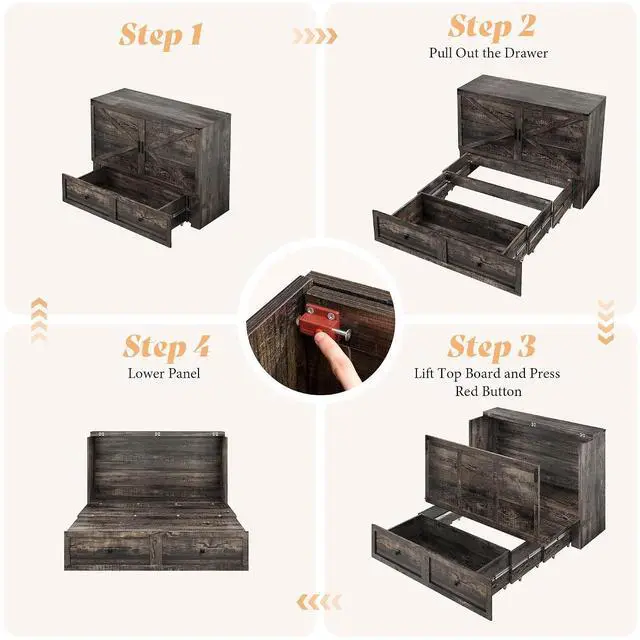 Alt view image 5 of 7 - Full Murphy Bed Cabinet with Charging Station and Storage, Farmhouse Foldable Platform Bed for Guest Room, Office, Small Spaces, Black Oak