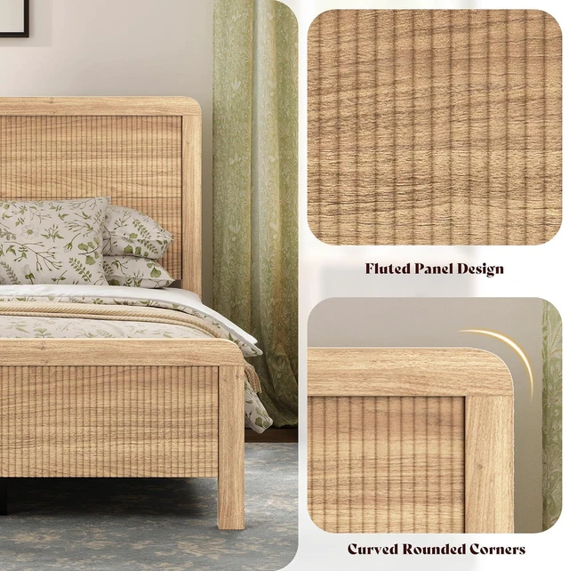 Alt view image 3 of 7 - Wood King Size Bed Frame with Headboard & Footboard, Modern Fluted Wooden Platform Bedframe with Rounded Safety Edges, Wood Slat Support, No Box Spring Needed, Easy Assembly, Natural Oak