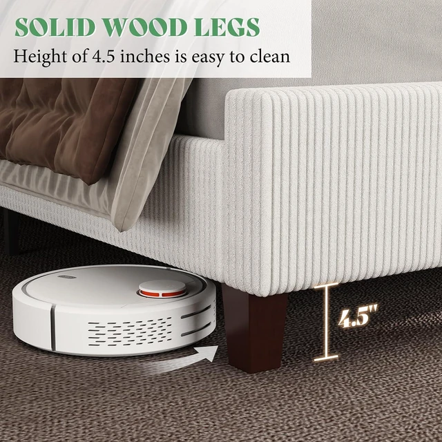Alt view image 7 of 7 - California King Size Upholstered Bed Frame with 50.8" Tall Headboard, Wingback Platform Bed with Solid Wood Legs, Wooden Slats, Corduroy/No Box Spring Needed/Noise Free/White