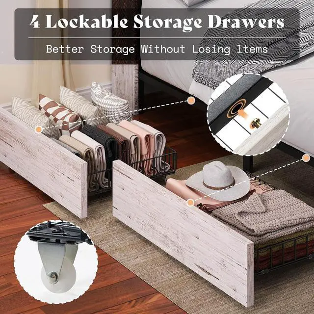 Alt view image 5 of 7 - Full Size Bed Frame with 51.2" Tall Bookcase Headboard, Farmhouse Platform Bed with 4 Storage Drawers, Linen Upholstered, Charging Station & Storage, Rustic White