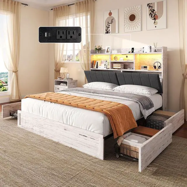 Main image of Full Size Bed Frame with 51.2" Tall Bookcase Headboard, Farmhouse Platform Bed with 4 Storage Drawers, Linen Upholstered, Charging Station & Storage, Rustic White