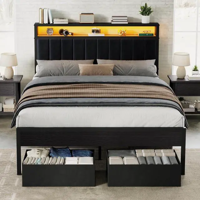Main image of Queen Bed Frame with LED Light and 2 Storage Drawers, Metal Platform Bed with Storage Headboard, Velvet Upholstered, Heavy-Duty Slats, No Box Spring Needed, Easy Assembly, Black