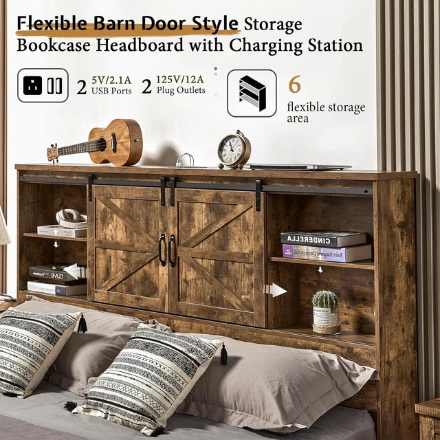 Alt view image 4 of 6 - Full Size Bed Frame, Wooden Platform Storage Bed with 51.2" Bookcase Headboard, 2 Drawers, Charging Station/No Box Spring Needed/Noise Free(Rustic Brown)