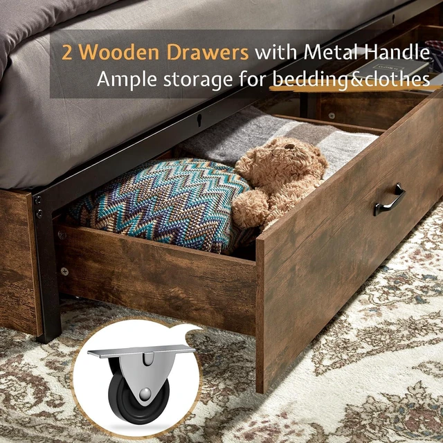 Alt view image 5 of 6 - Full Size Bed Frame, Wooden Platform Storage Bed with 51.2" Bookcase Headboard, 2 Drawers, Charging Station/No Box Spring Needed/Noise Free(Rustic Brown)