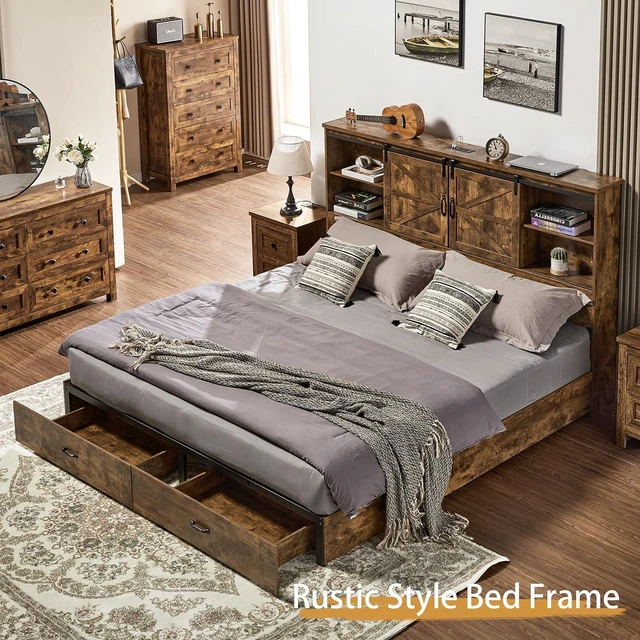 Alt view image 6 of 6 - Full Size Bed Frame, Wooden Platform Storage Bed with 51.2" Bookcase Headboard, 2 Drawers, Charging Station/No Box Spring Needed/Noise Free(Rustic Brown)
