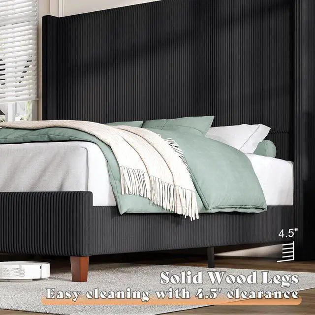 Alt view image 6 of 7 - Queen Size 62" Corduroy Upholstered Bed Frame, Luxurious Platform Bed with Extra Tall Wingback Headboard and Vertical Stripe, No Box Spring Needed/Solid Wood Slats & Legs/Black
