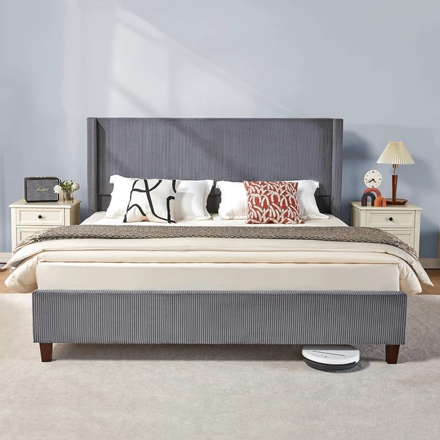 Main image of King Size Platform Bed Frame, 50.8" Corduroy Upholstered Bed with Vertical Channel Tufted Headboard/Wooden Slats/Wingback/No Box Spring Required/Grey