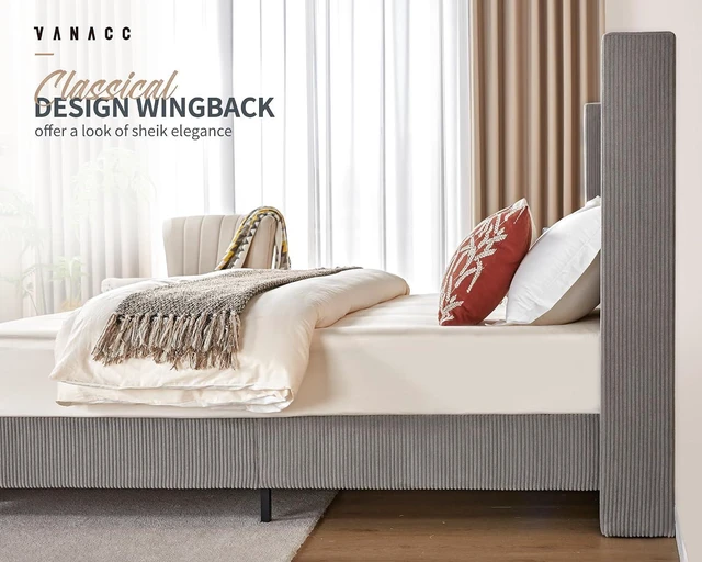 Alt view image 4 of 6 - California King Size Platform Bed Frame, 50.8" Corduroy Upholstered Bed with Vertical Channel Tufted Headboard/Wooden Slats/Wingback/No Box Spring Required/Taupe