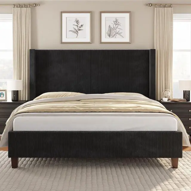 Main image of Queen Size Platform Bed Frame, 50.8" Corduroy Upholstered Bed with Vertical Channel Tufted Headboard/Wooden Slats/Wingback/No Box Spring Required/Black