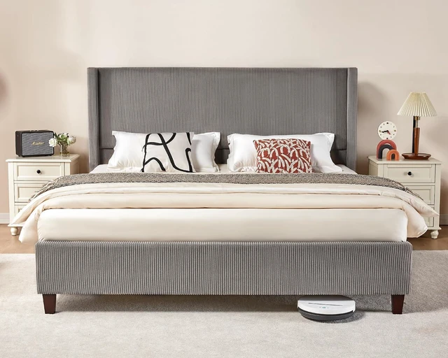 Alt view image 3 of 6 - California King Size Platform Bed Frame, 50.8" Corduroy Upholstered Bed with Vertical Channel Tufted Headboard/Wooden Slats/Wingback/No Box Spring Required/Taupe