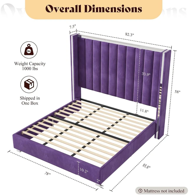 Alt view image 2 of 7 - King Size 58" Tall Wingback Upholstered Platform Bed with Chrome Accents, Modern Bed Frame with Solid Wood Slats, Comfortable Back Support, Easy Assembly, No Box Spring Needed, Purple Velvet