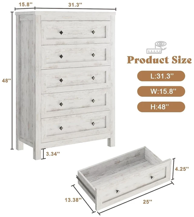 Alt view image 2 of 7 - Farmhouse 5 Drawers Dresser for Bedroom, Wood 47" Tall Dresser for Closet, Natural Texture Chest of Drawers for Bedroom, Living Room, Hallway and Entryway, Distressed White