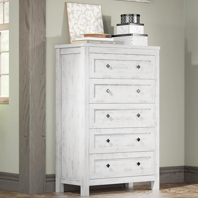 Main image of Farmhouse 5 Drawers Dresser for Bedroom, Wood 47" Tall Dresser for Closet, Natural Texture Chest of Drawers for Bedroom, Living Room, Hallway and Entryway, Distressed White