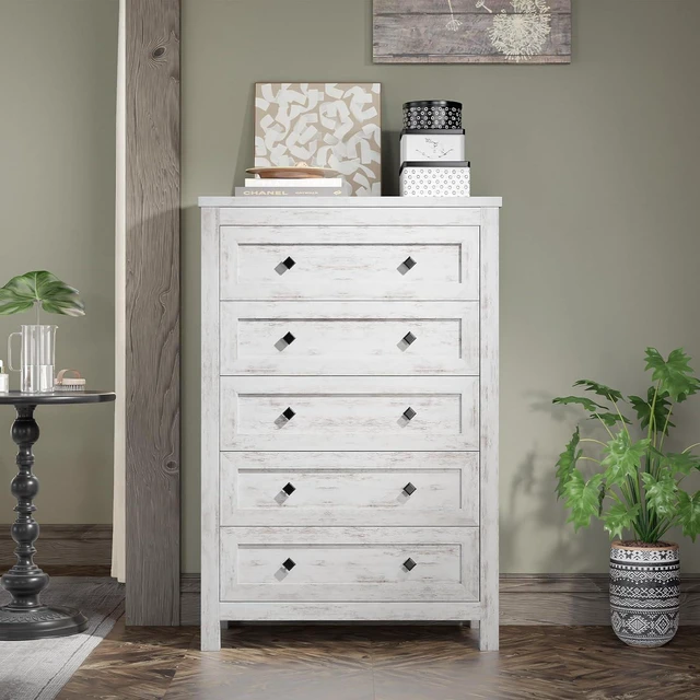 Alt view image 3 of 7 - Farmhouse 5 Drawers Dresser for Bedroom, Wood 47" Tall Dresser for Closet, Natural Texture Chest of Drawers for Bedroom, Living Room, Hallway and Entryway, Distressed White