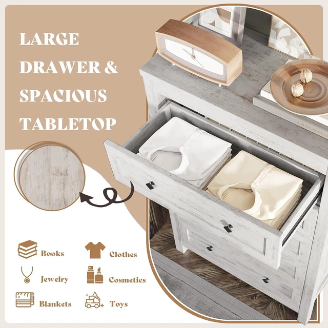 Alt view image 5 of 7 - Farmhouse 5 Drawers Dresser for Bedroom, Wood 47" Tall Dresser for Closet, Natural Texture Chest of Drawers for Bedroom, Living Room, Hallway and Entryway, Distressed White