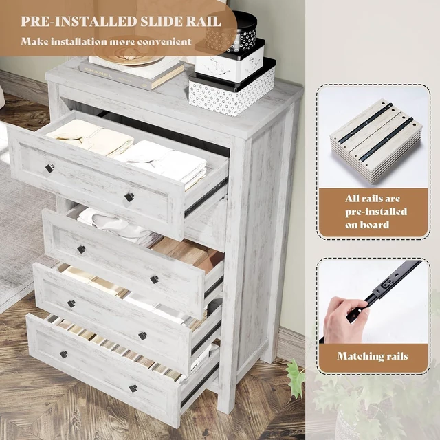 Alt view image 4 of 7 - Farmhouse 5 Drawers Dresser for Bedroom, Wood 47" Tall Dresser for Closet, Natural Texture Chest of Drawers for Bedroom, Living Room, Hallway and Entryway, Distressed White