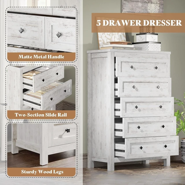 Alt view image 6 of 7 - Farmhouse 5 Drawers Dresser for Bedroom, Wood 47" Tall Dresser for Closet, Natural Texture Chest of Drawers for Bedroom, Living Room, Hallway and Entryway, Distressed White
