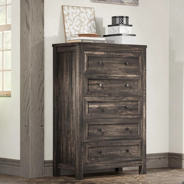 Main image of 5 Drawers Farmhouse Dresser for Bedroom, Wood 47" Tall Dresser for Closet, Natural Texture Chest of Drawers for Hallway, Entryway, Dark Oak