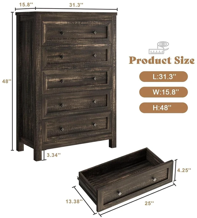 Alt view image 2 of 7 - 5 Drawers Farmhouse Dresser for Bedroom, Wood 47" Tall Dresser for Closet, Natural Texture Chest of Drawers for Hallway, Entryway, Dark Oak