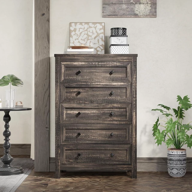 Alt view image 3 of 7 - 5 Drawers Farmhouse Dresser for Bedroom, Wood 47" Tall Dresser for Closet, Natural Texture Chest of Drawers for Hallway, Entryway, Dark Oak