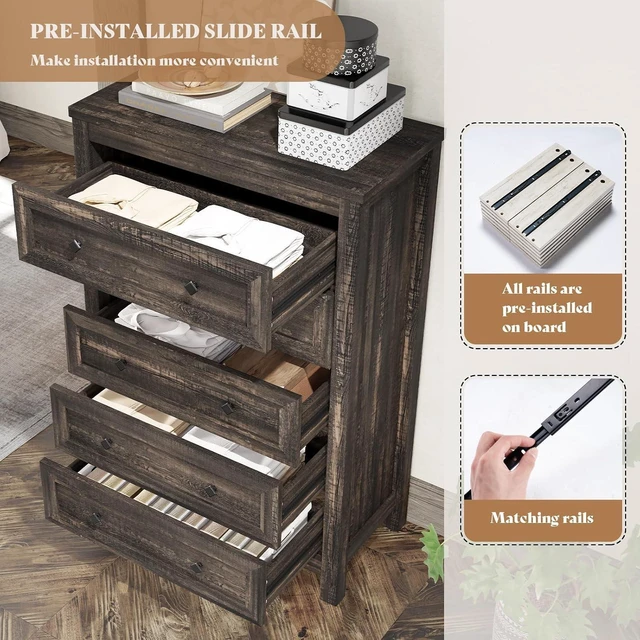 Alt view image 4 of 7 - 5 Drawers Farmhouse Dresser for Bedroom, Wood 47" Tall Dresser for Closet, Natural Texture Chest of Drawers for Hallway, Entryway, Dark Oak