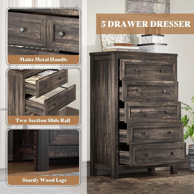 Alt view image 6 of 7 - 5 Drawers Farmhouse Dresser for Bedroom, Wood 47" Tall Dresser for Closet, Natural Texture Chest of Drawers for Hallway, Entryway, Dark Oak